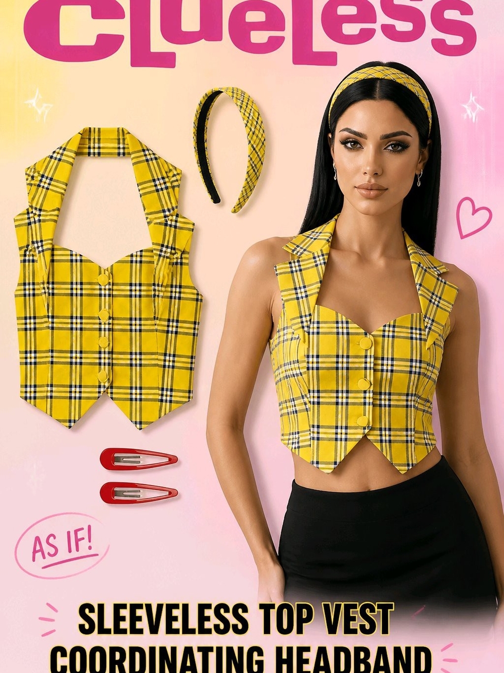 DollsKill Yellow Plaid Sleeveless Vest L/XL with Clueless Matching Headband New